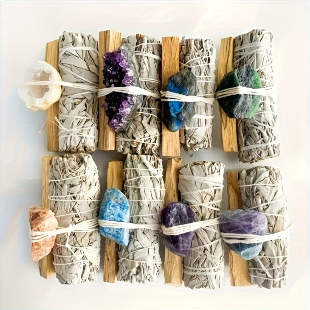 Natural Crystal White Sage Smudge Set for Space Cleansing Home Rituals Meditation Decor Teacher Appreciation Easter Gift Random Crystal