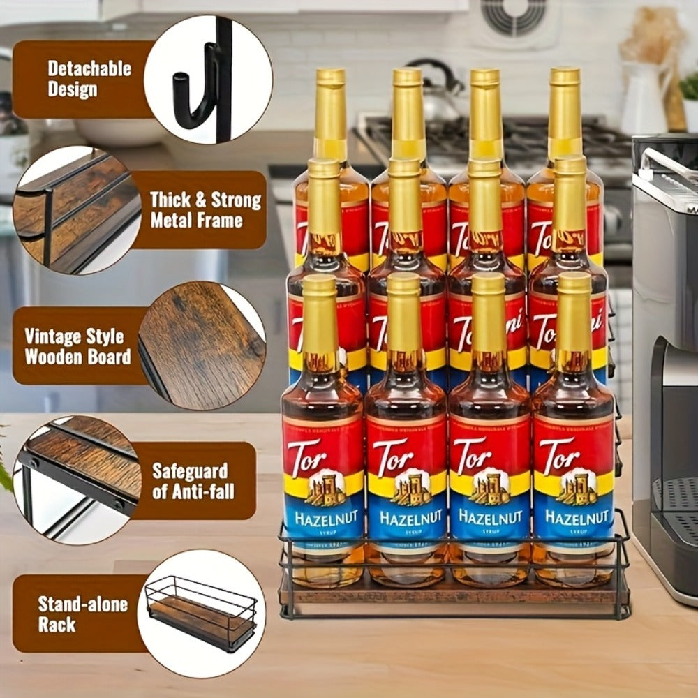 3-Tier Metal Bottle Rack Countertop Organizer ¨C No-Install Syrup Holder for Coffee Bar, Wine & Whiskey Display Stand, Holds 12 Bottles