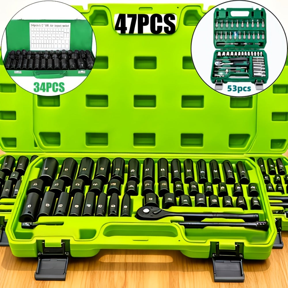 Impact Socket Set ¨C 53-Piece Tool Set, 47-Piece 3/8¡± Drive & 34-Piece 1/2¡± Drive, SAE & Metric Sizes, 6-Point CR-V with Ratchet Handle, Extension Rod & Connector for Auto Repair & DIY