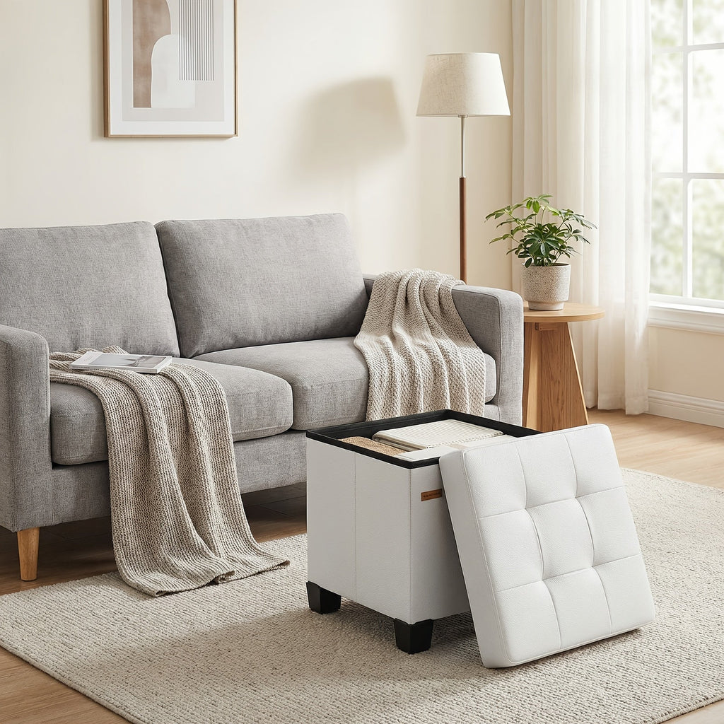 Storage Ottoman Cube with Legs Faux Leather Footstool Footrest 10 Gallon 37L Hidden Storage Seat for Bedroom Living Room Dorm Entryway Toy Box Organizer Black White