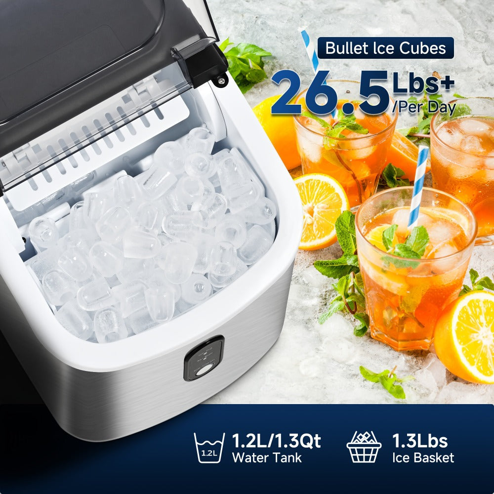 Portable Ice Maker Countertop ¨C Bullet Ice Machine 26-29 Lbs Daily, 9 Ice Cubes in 6 Mins, Self-Cleaning, Quiet Under 45dB, with Handle, Basket & Scoop, for Home, Kitchen, Camping & RV