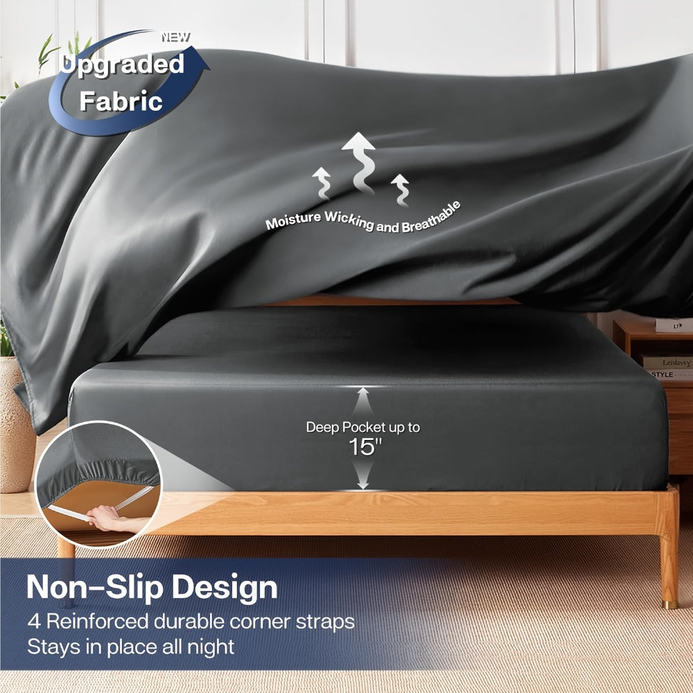 Cooling Bed Sheet Set 6 Piece Ultra Soft Deep Pocket 17 Inch Double Stitching for Hot Sleepers Twin Full Queen King Multiple Colors