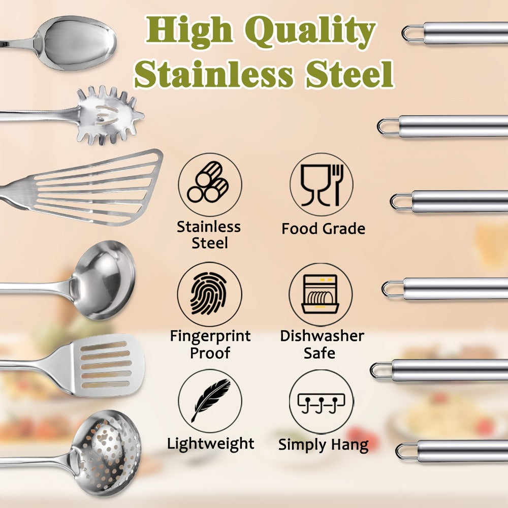 Stainless Steel Kitchen Utensils Set 12 Piece with Holder ¨C Heat Resistant Cooking Utensils, Spatula, Ladle, Tongs, Whisk, Skimmer, Potato Masher, Slotted Spoon