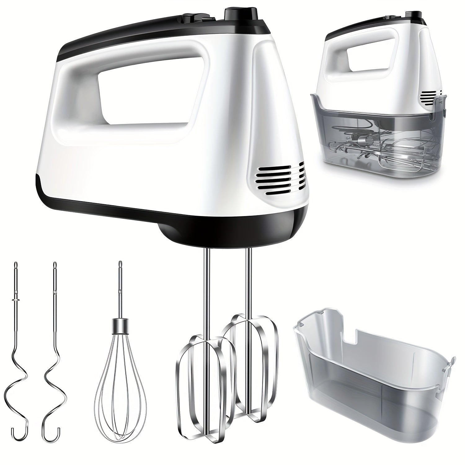 Electric Hand Mixer 6 Speed & Turbo with 5 Stainless Steel Accessories & Snap-On Storage Case ¨C Handheld Mixer for Whipping Cream Beating Eggs Mixing Cookie Cake Brownie Dough Batter | White Silver