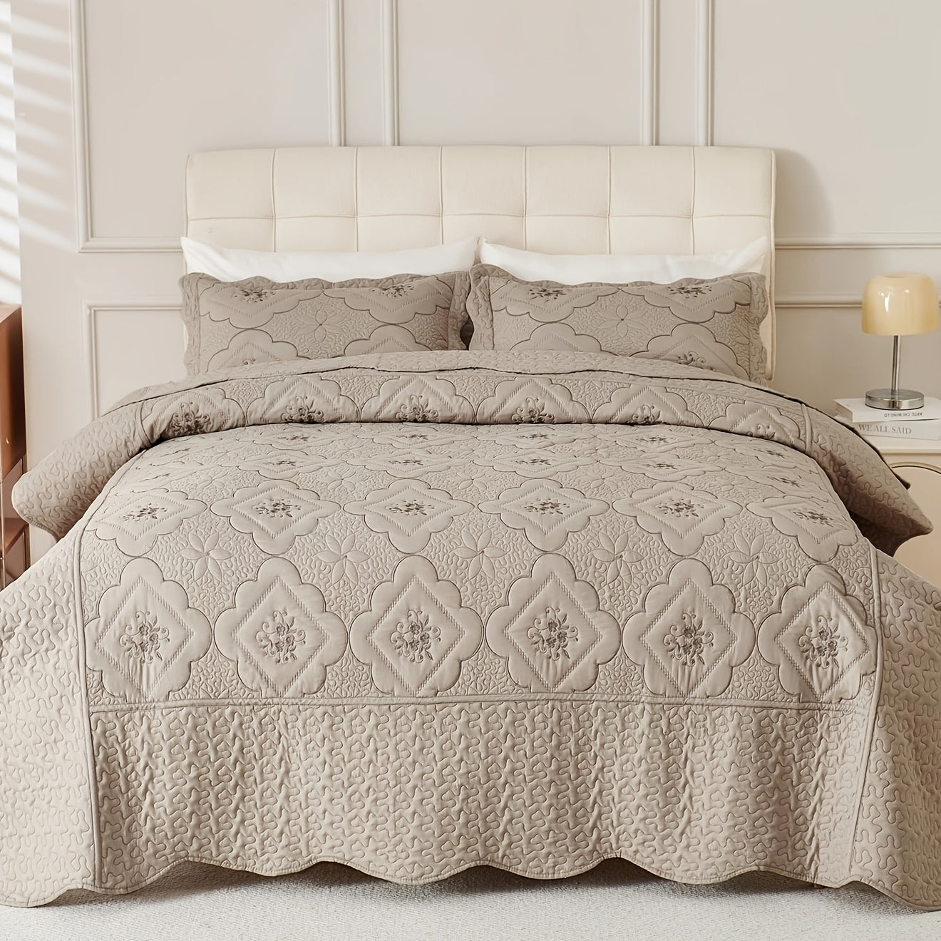 Quilt Set 3 Piece Floral Embroidery Bedspread - 100% Polyester Wrinkle Resistant Lightweight Quilted Coverlet with 2 Pillow Shams for Full Queen King Bed, Elegant Bedroom Decor in 19 Colors