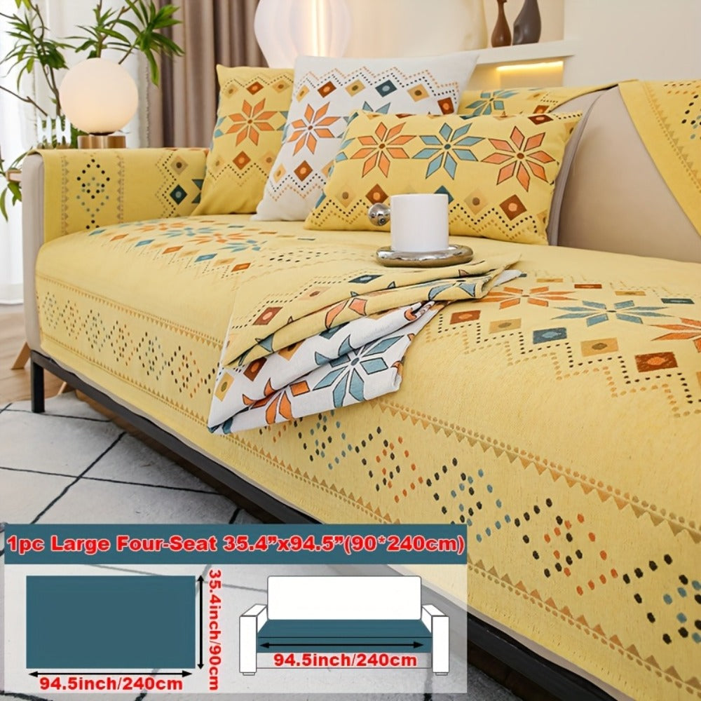Chenille Sofa Cover Bohemian Style Jacquard Knit Anti-Slip Pet Friendly All Season Sofa Mat Protector - Single 2 3 4 Seater Armrest Backrest Pillow Case Grey White Yellow
