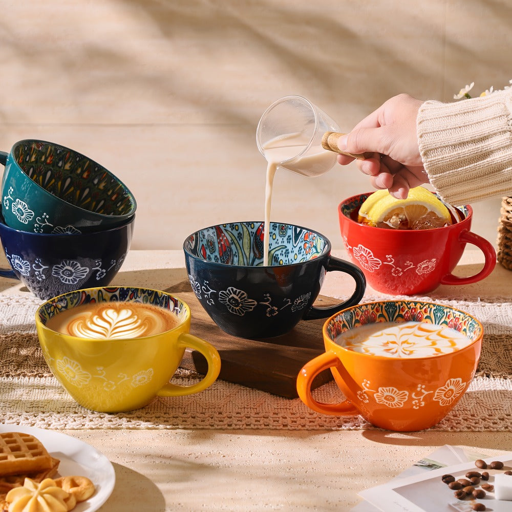 Bohemian Ceramic Coffee Mugs Set of 6 ¨C 15 Oz Large Capacity Breakfast Mug ¨C Microwave Safe for Hot & Cold Drinks ¨C Unique Boho Drinkware Gift for Halloween, Thanksgiving & Christmas