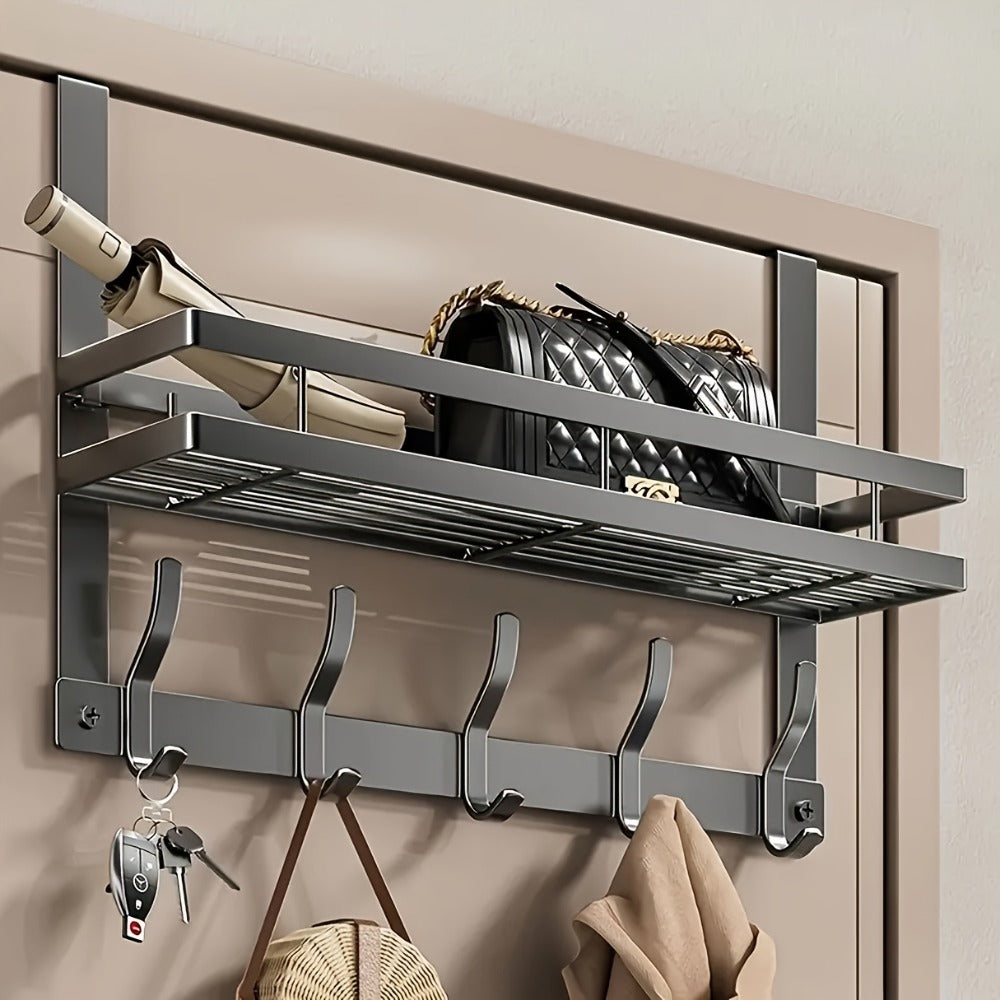 Over-the-Door Storage Rack with Hooks ¨C Metal Multifunctional Organizer for Bedroom Bathroom Kitchen, 4/5/6/8 Hook Options in Gray & Black