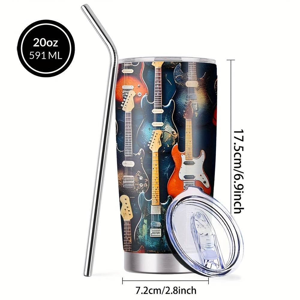 Insulated Tumbler 20oz Guitar Pattern Stainless Steel Travel Mug with Lid and Straw Double Wall Vacuum Coffee Cup Water Bottle for Hot Cold Drinks Gift for Music Lover Birthday Graduation Valentine White