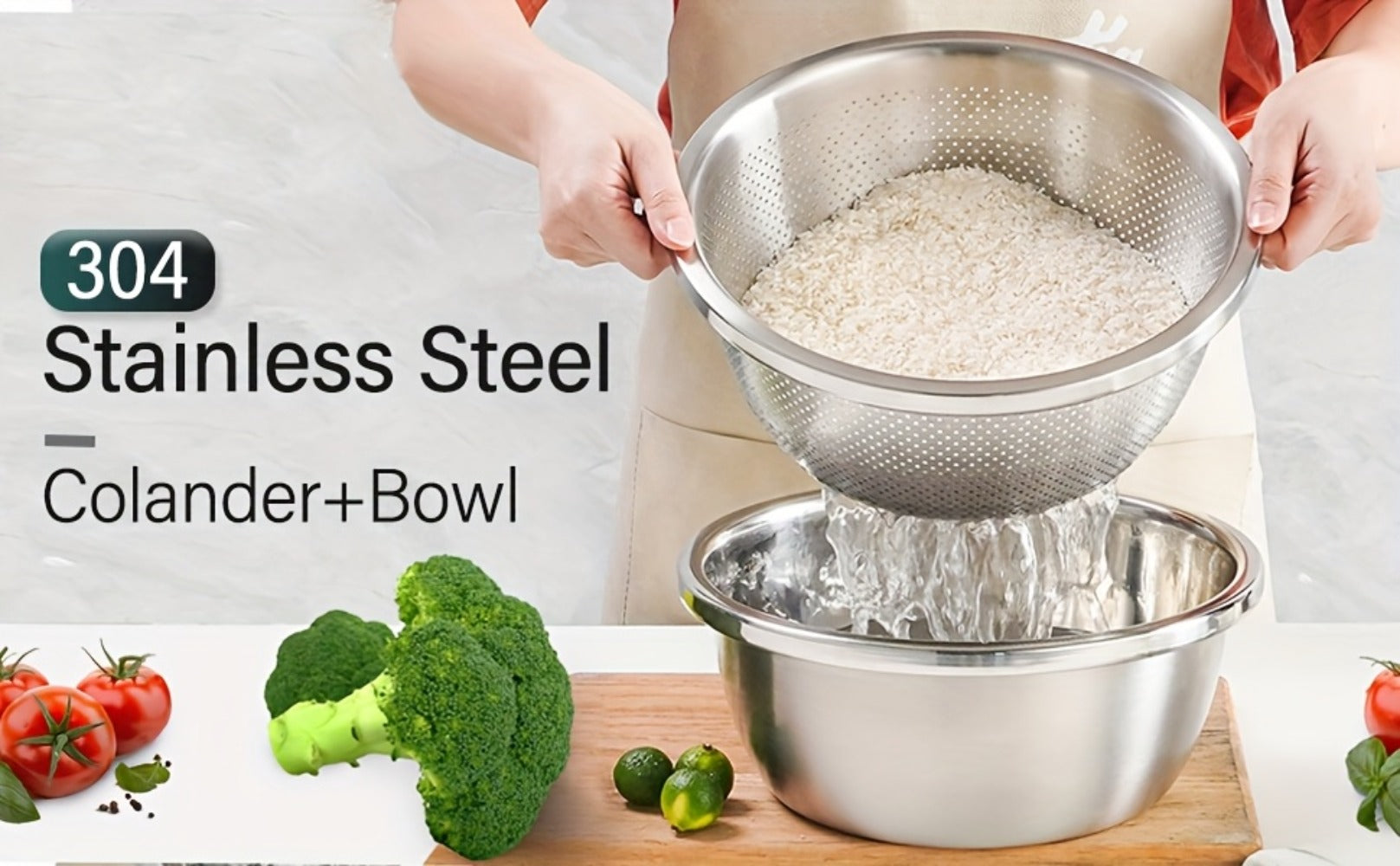 Stainless Steel Colander with Mixing Bowl Set 304 Food Grade Strainer Bowl for Washing Vegetables Fruit Rice Dishwasher Safe Kitchen Colander Sieve Multiple Sizes