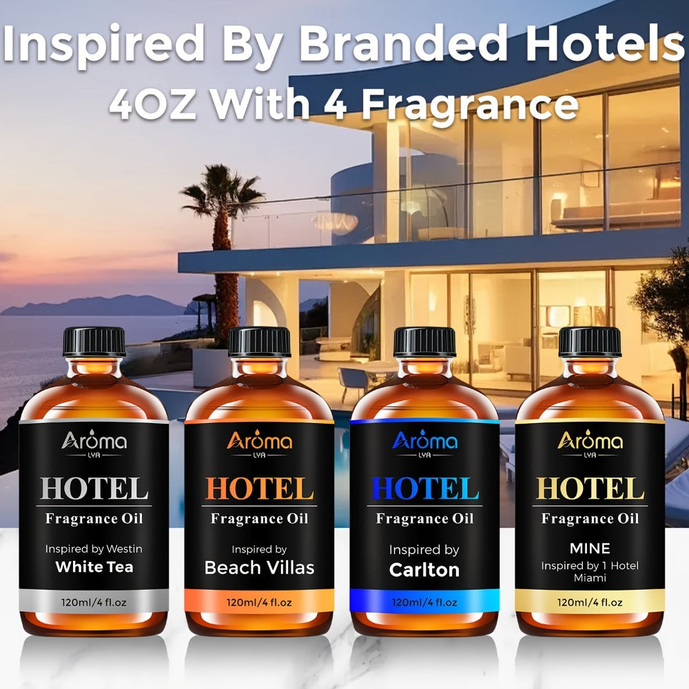 Hotel Fragrance Oil 4oz ¨C Luxury Resort Scents for Diffuser, Candle, Humidifier & Car | M Way, White Tea, Carlton, Beach Villas