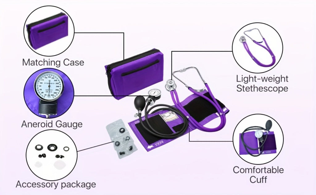 Aneroid Sphygmomanometer & Stethoscope 2-in-1 Set - Manual Blood Pressure Monitor with Nylon Cuff, Fixing Clip, Stethoscope, Portable Case & Accessories, Emergency BP Kit for Medical & Home Use