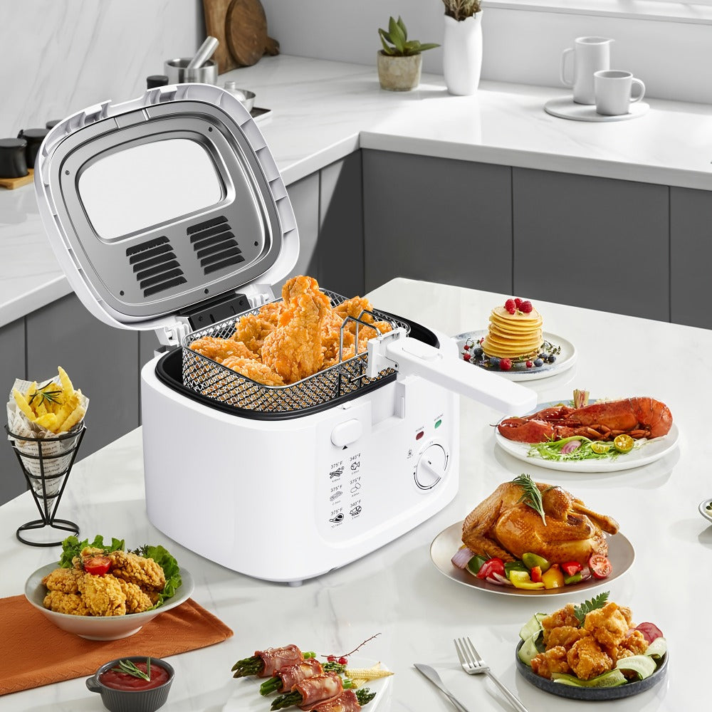 Electric Deep Fryer 1500W ¨C 84.54oz Large Capacity, Adjustable Temperature Control, Non-Stick Basket, Viewing Window, Removable Lid, One-Touch Switch, Easy to Clean, Black & White Options