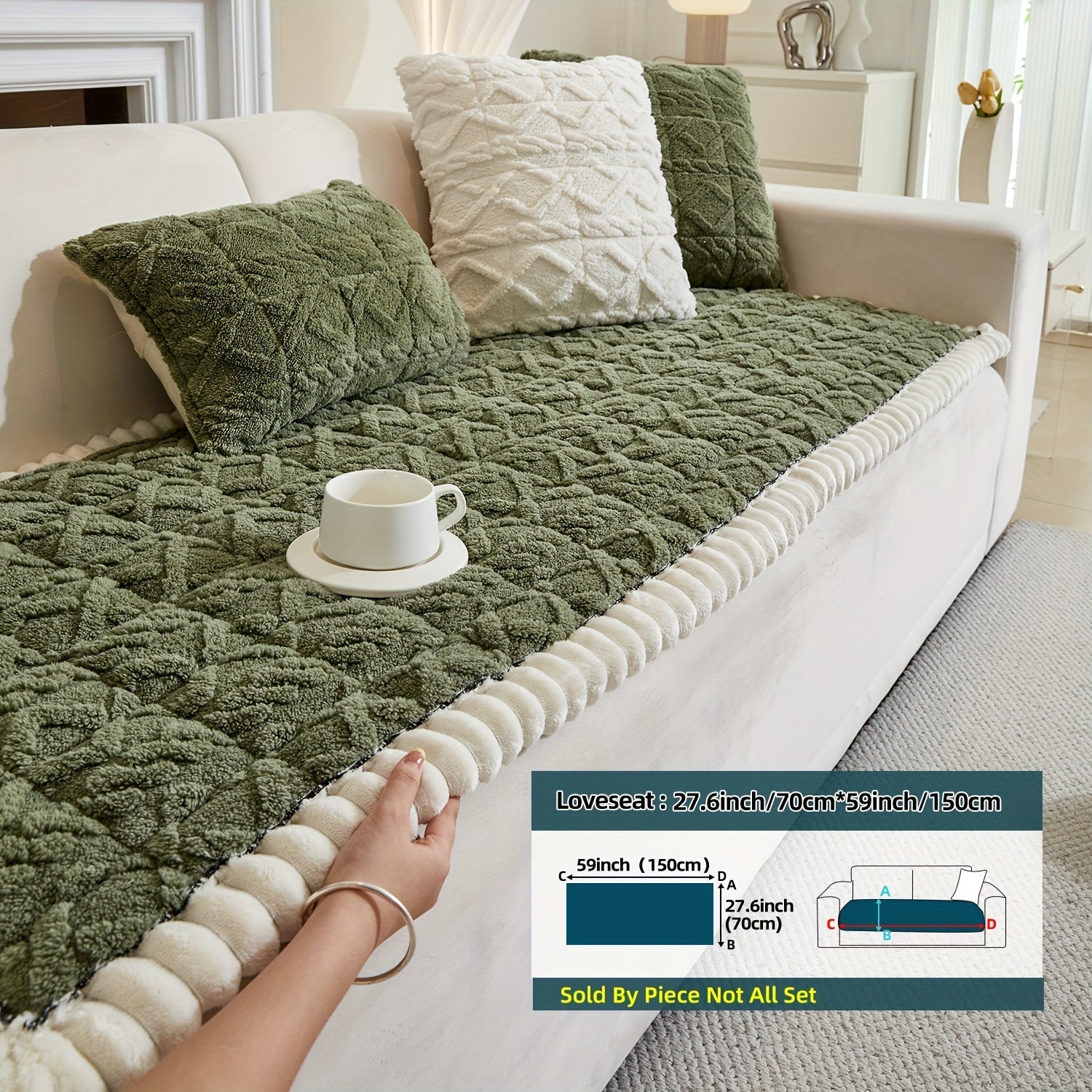 Bohemian Quilted Sofa Cover with Ruffles - 300GSM Shu Velveteen Anti-Slip Pet Friendly Machine Washable Plush Slipcover for Loveseat 3-4 Seater Sectional Sofa, 5 Colors