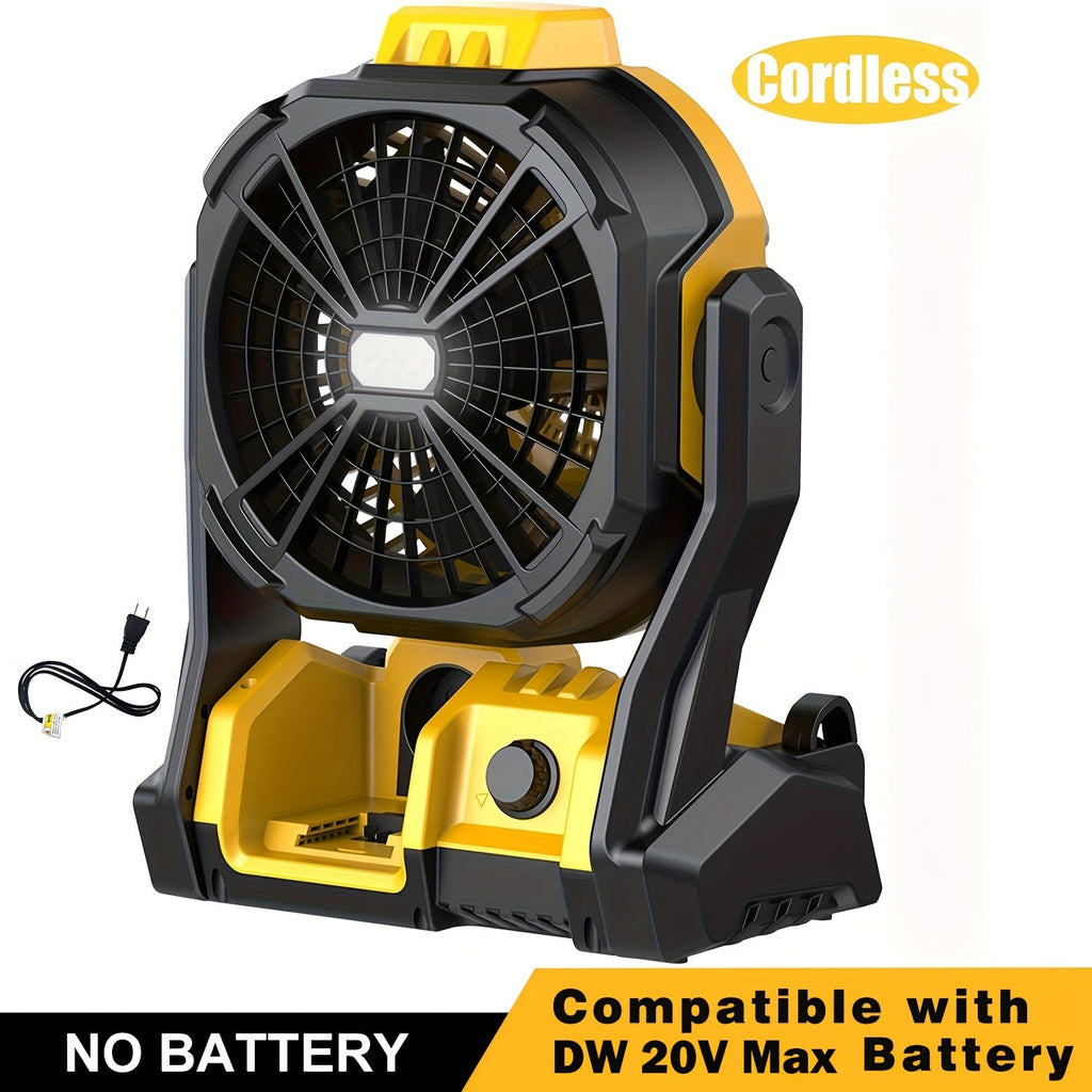 Cordless Jobsite Fan Compatible with DeWalt 20V Max Battery, LED Light Auto Oscillating 180¡ã Tilt Adjustable Speed, Portable Battery Powered Fan with Hanging Hook for Camping, Garage and RV