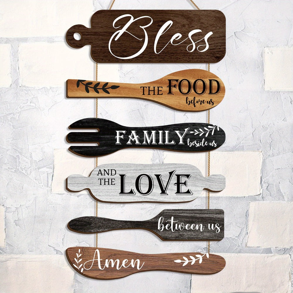 Farmhouse Wall Decor Wood Sign Set - ¡±Bless The Food Before Us¡± Rustic Kitchen Dining Room Hanging Plaque, 6-Piece Rope Wood Board Art, Housewarming Thanksgiving Gift for Home