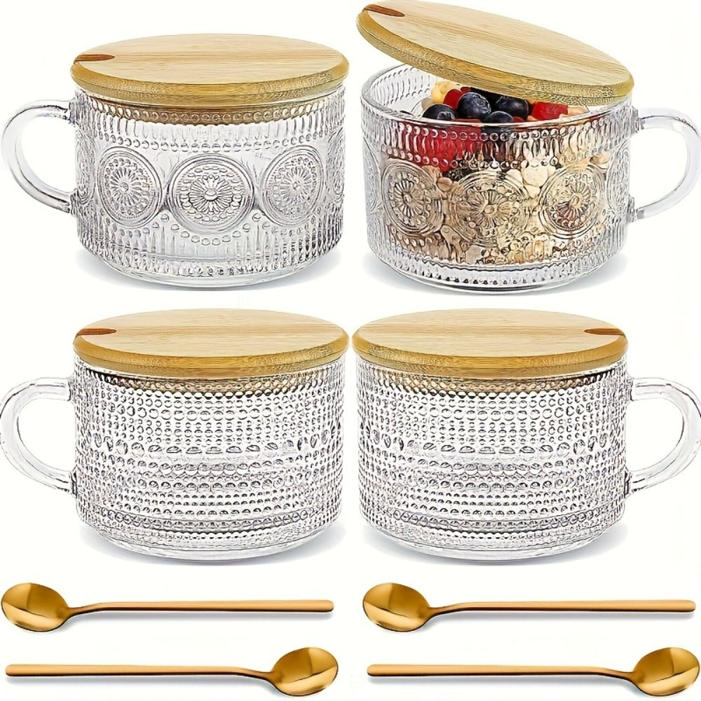 Glass Coffee Cups Set of 4 with Bamboo Lids and Spoons 450ml Vintage Embossed Iced Coffee Glasses for Cappuccino Latte Overnight Oats