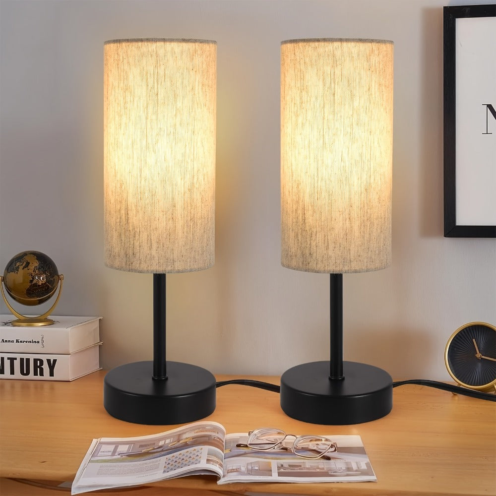 Small Bedside Table Lamp Set of 2 ¨C Linen Shade Nightstand Lamp with Cord Switch, 5W LED Bulb Included, Compact Desk Light for Bedroom Living Room Children's Room Office Dorm (Black / Beige Black)