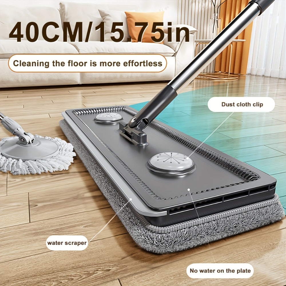 Flat Mop and Bucket System with Washable Reusable Microfiber Pads Dual Bucket Wringer Wet Dry Floor Mop for Hardwood Tile Marble Wall Cleaning Stainless Steel Handle 12.99in or 15.74in Mop Head