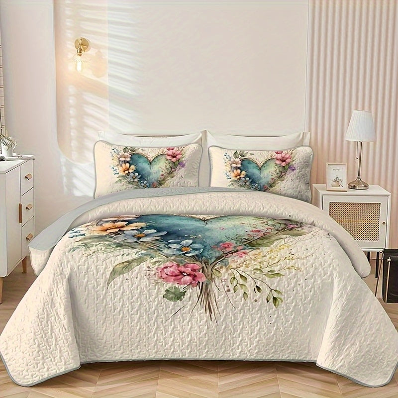 Floral Watercolor Quilt Set ¨C Heart Botanical Print, Soft Breathable Hypoallergenic Bedspread, Twin Full Queen King, All Seasons ¨C Romantic Bedroom Decor