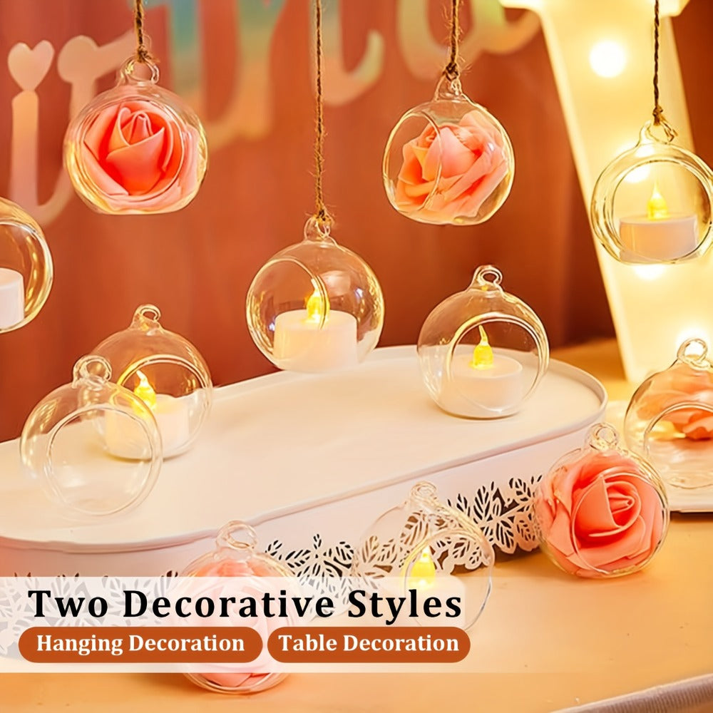 Hanging Glass Ball Candle Holders Set for Wedding Party Christmas Tree Decoration - Clear Glass Tea Light Holders with Hanging Design, Fillable Ornament Balls for Home Decor