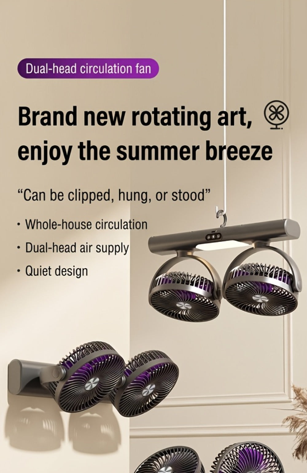 Double Head Air Circulation Fan USB Rechargeable | Desktop & Wall-Mounted 3-Speed Dual-Head Fan with Atmosphere Night Light, Multi-Angle Airflow for Camping, Home & Office ¨C Grey & White