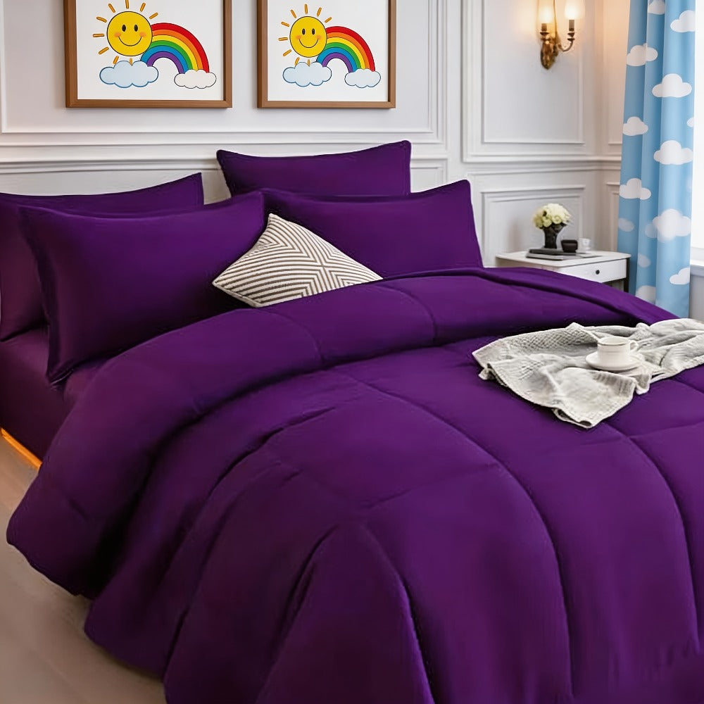 Comforter Set 7 Piece Bed in a Bag Full Queen King Soft Satin-Like Fabric with Fitted Sheet Flat Sheet Pillowcases Breathable Bedding Set for Bedroom Hotel