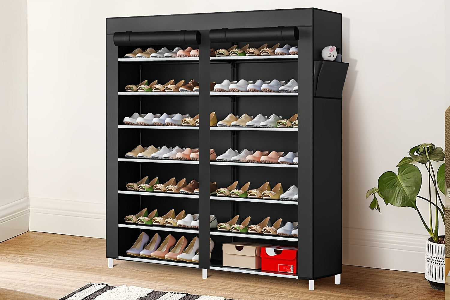 Shoe Rack Organizer 9 Tier Double Row Large Capacity Holds 42 Pairs Nonwoven Fabric Dust Cover Portable Shoe Cabinet Space Saving Easy Assembly for Home Bedroom Closet Dormitory Black