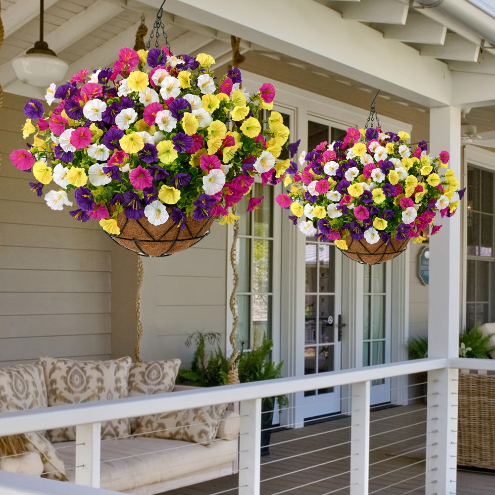 Artificial Hanging Flowers Outdoor UV-Resistant Fake Petunias with Planter Basket ¨C Realistic Faux Hanging Plants for Garden Patio Porch Balcony Railing Decor