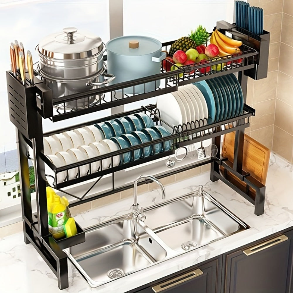 Dish Drying Rack Expandable Kitchen Sink Organizer - Countertop Dish Drainer with Drainage, Single or Double Layer Black Kitchen Storage Shelf for Plates, Cups & Utensils