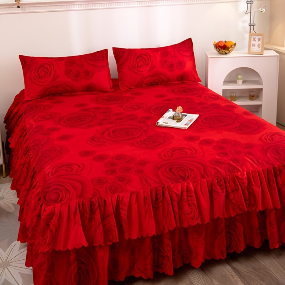 Floral Bed Skirt Set 3-Piece ¨C 1 Ruffled Dust Ruffle Bed Skirt + 2 Pillowcases | Peony & Botanical Print | Double-Layer Hem | Machine Washable Polyester Bedding | 150, 180 & 200cm
