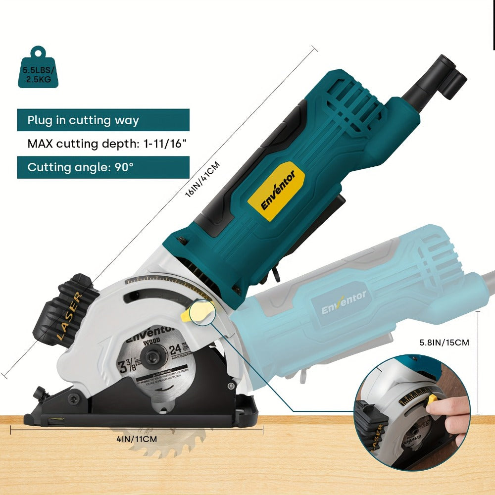 Mini Circular Saw Corded with Laser Guide 4A 3500RPM 3-3/8 Inch Compact Hand Saw for Wood Metal Tile Plastic Cuts DIY Home Improvement