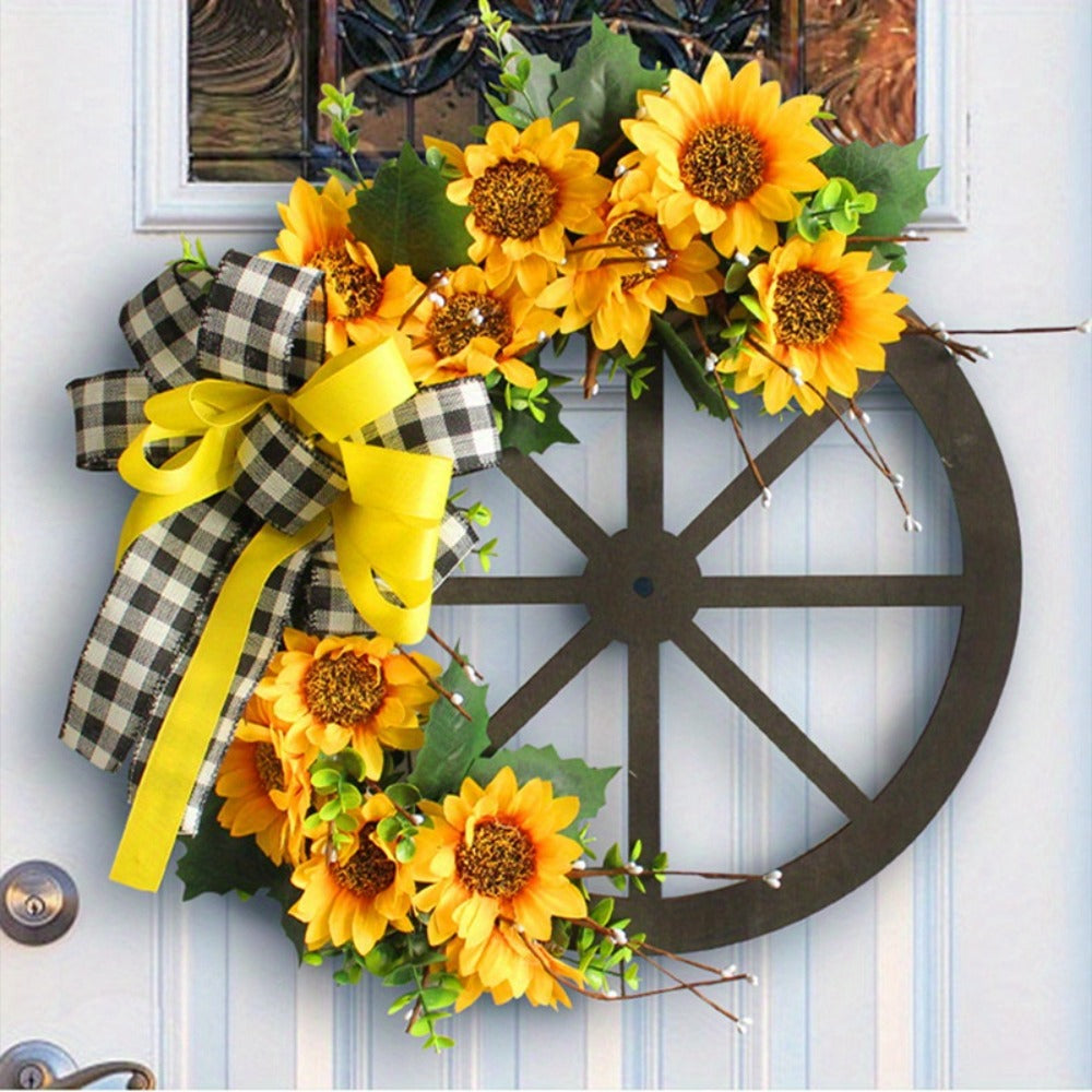 Sunflower Bow Wreath for Front Door - Handcrafted Thanksgiving Wreath with Natural Look, Fall Seasonal Home Decor, Easy Installation Door Hanging Decoration