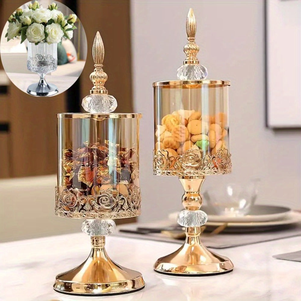 Vintage Glass Candy Jar with Lid ¨C European Style Decorative Vase & Metal Art Storage Container for Living Room, Coffee Table & Desktop Decor