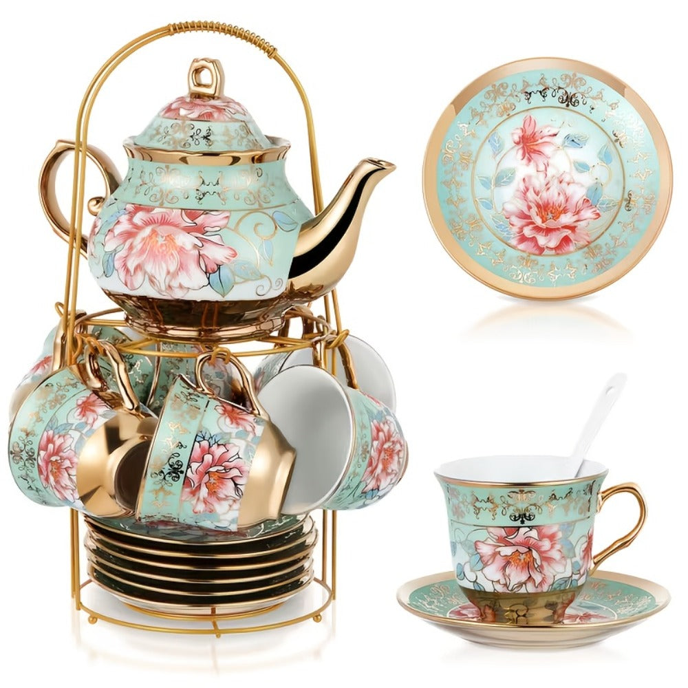20-Piece Floral Ceramic Tea Set with Saucers & Metal Stand | European Afternoon Tea Service, Blooming Design, Complete Tea Accessories, Gift for Tea Lovers