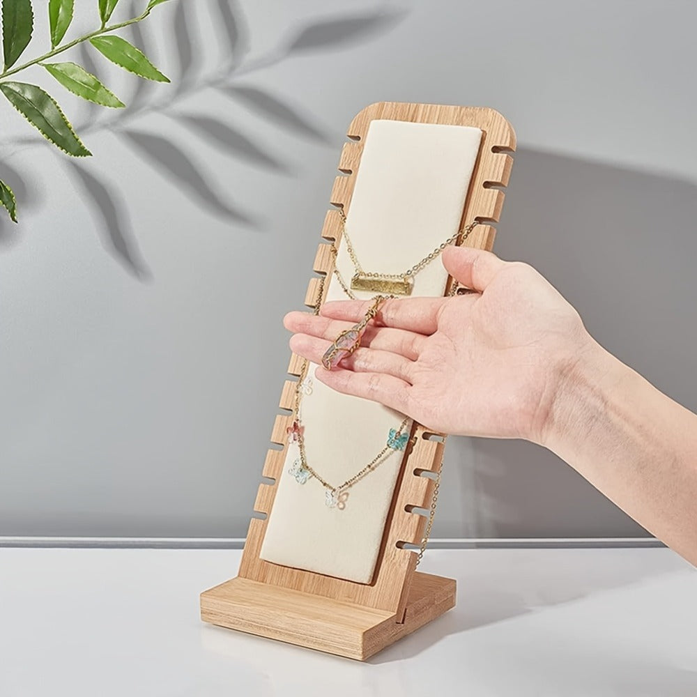 Bamboo Jewelry Necklace Display Stand 2 Pack - Multi-Hook Necklace Holder Tower, Tabletop Showcase Organizer for Retail Store, Beige Rectangle Jewelry Stand No Tools Required