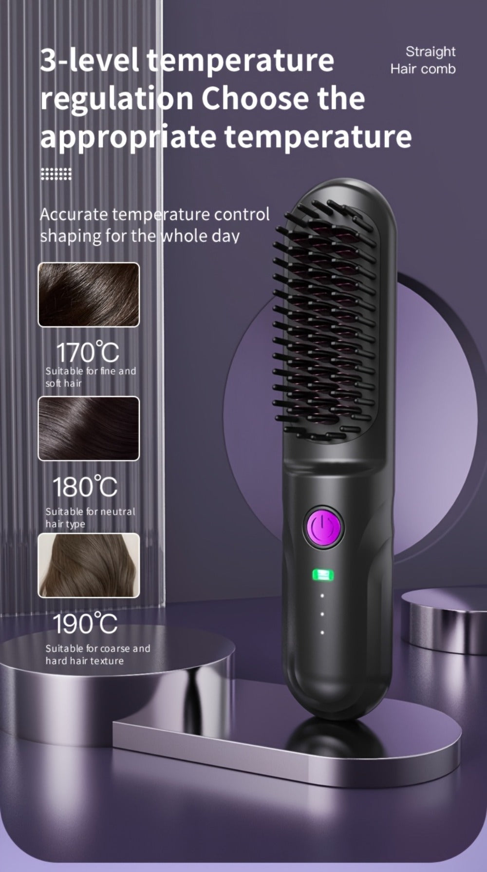 Wireless Hair Straightener Comb - Portable Cordless Straightening Brush with 3-Min Fast Heat, 3 Temp Settings 170-190¡ãC, Negative Ion Technology, 3D Comb Design, Lightweight Travel Hair Straightener
