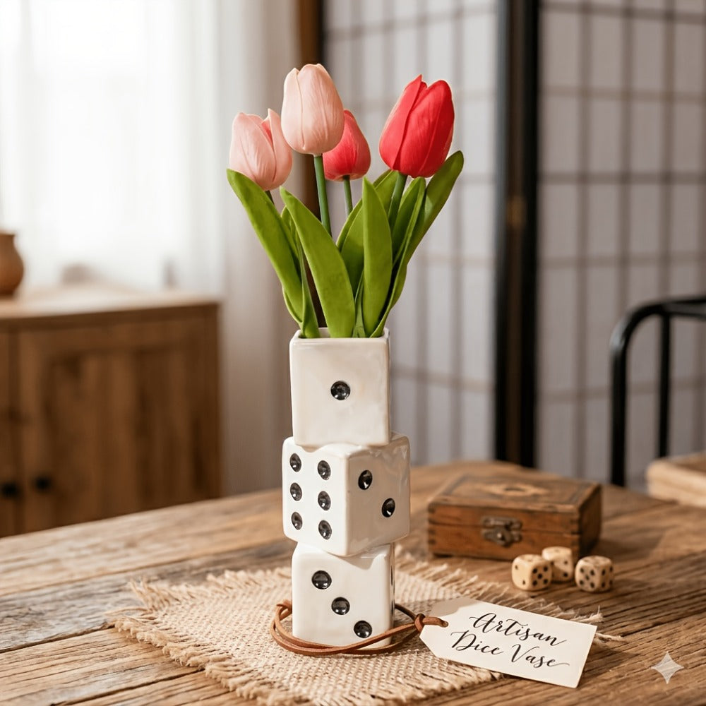Ceramic Dice Vase for Dried Flowers Pampas Grass Rose Modern Square Flower Vase Unique Home Decor Gift Handmade Decorative Vase for Living Room Shelf Table