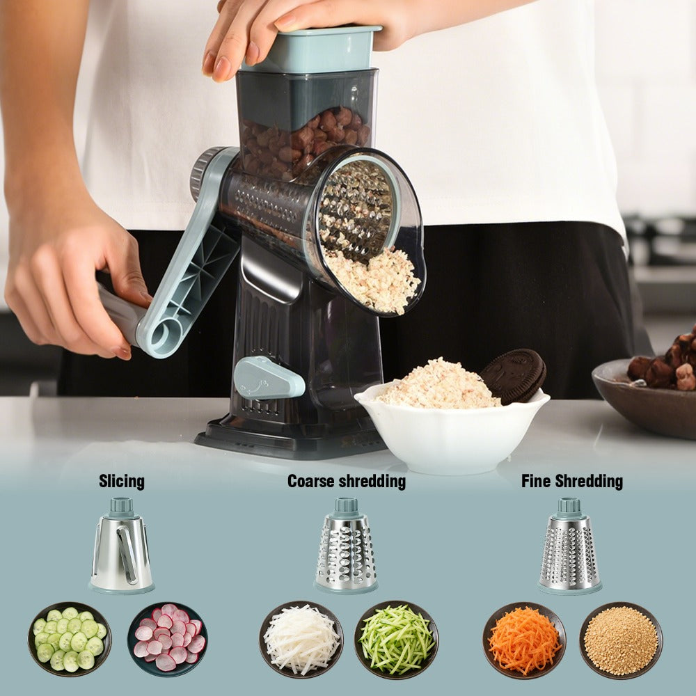 Rotary Vegetable Chopper Cheese Grater 5 Interchangeable Drum Blades Suction Base Ergonomic Handle for Cheese Vegetables Nuts Slicing Shredding