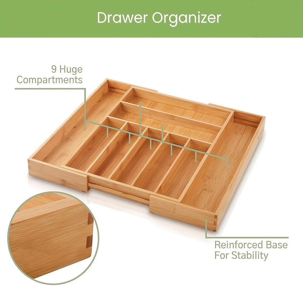 Bamboo Drawer Organizer Expandable Adjustable 9-Compartment Silverware Tray Cutlery Utensil Holder for Kitchen Drawer Office Desk Bedroom Eco-Friendly Bamboo Storage Divider Organizer