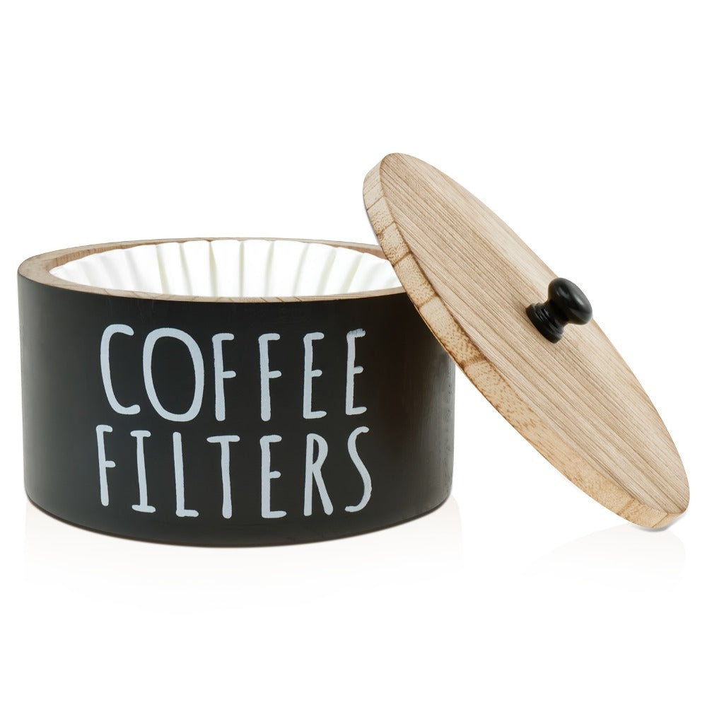 Wooden Coffee Filter Holder with Lid ¨C Large Capacity Rustic Round Organizer Dispenser for Coffee Filters & Tea Bags, Bamboo Lid, Kitchen Countertop Coffee Bar Decor