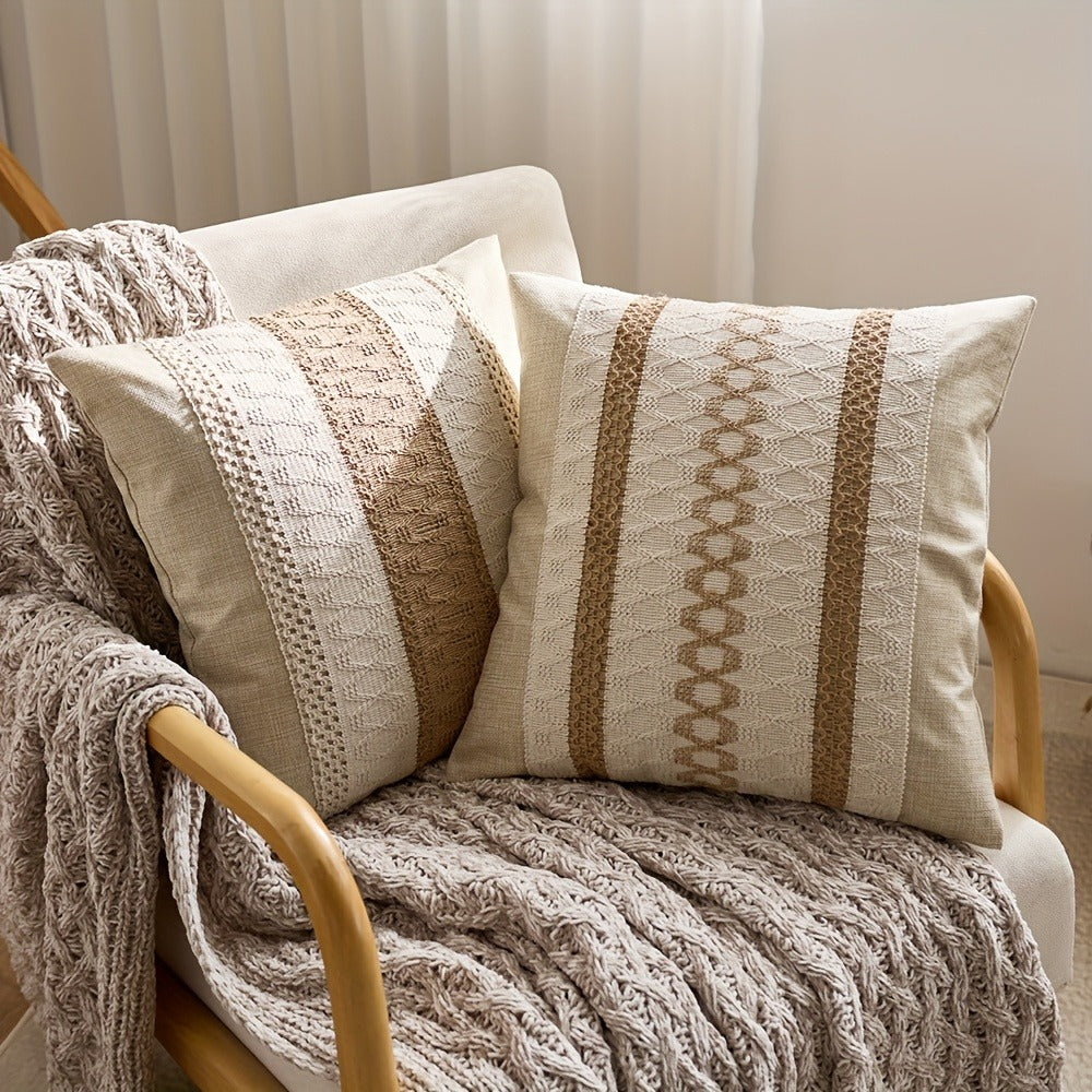 Throw Pillow Covers 2 Pack Boho Geometric Brown Beige 18x18 ¨C Bohemian Decorative Pillow Cases with Zipper Closure ¨C Soft Polyester Cushion Covers for Sofa Couch Bedroom Living Room Boho Home Decor