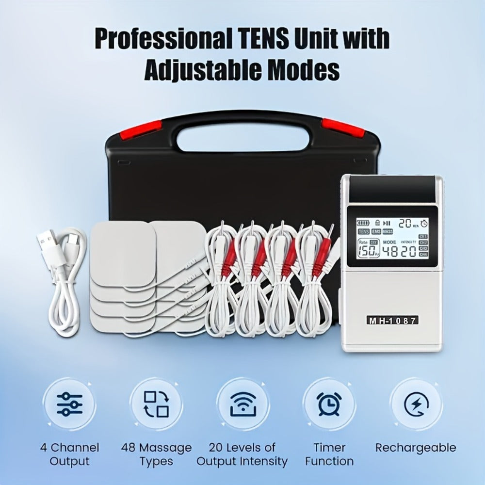 TENS EMS Unit Rechargeable Pain Relief Device, 20 Intensity Levels 48 Modes Electric Muscle Stimulator for Back Neck Shoulder Knee Wrist Pain, 8 Electrode Pads & Carry Case Included