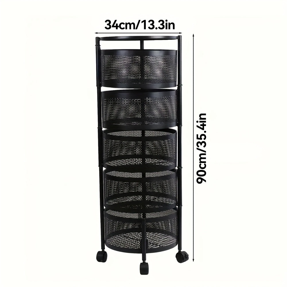 Rotating Storage Rack Multi-Tier Rolling Cart ¨C 360¡ã Swivel Round Floor Standing Organizer with 4 or 5 Layers, Vegetable Basket & File Rack for Kitchen, Bathroom, Office & Living Room (Black / White)