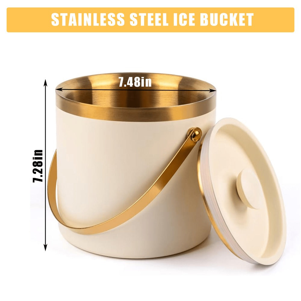 Stainless Steel Ice Bucket with Lid 44oz, 3-Layer Vacuum Insulated Large Ice Bucket with Ice Spoon & Drain, Mirror Finish, for Party Bar Picnic, White