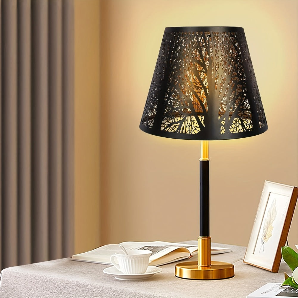 Metal Lampshade Etched Forest & Leaf Design | Black Exterior Gold Interior | Barrel Lamp Shade for Table Lamp & Floor Lamp | Medium Large Decorative Lampshade 7x13x7.8 inch