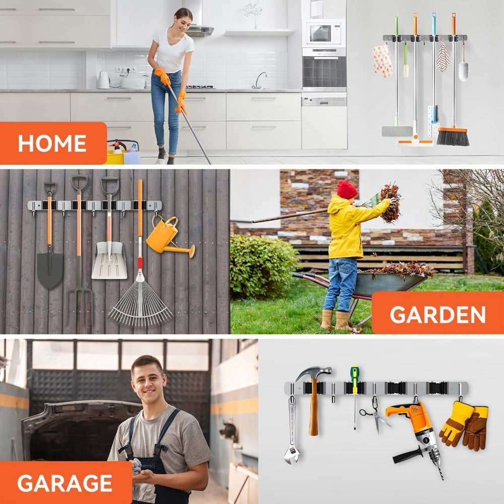 Wall Mounted Broom & Mop Holder ¨C 304 Stainless Steel Broom Organizer with 4 Racks & 5 Hooks ¨C Rustproof Non-Slip Wall Broom Hanger for Kitchen, Garage, Bathroom, Laundry & Closet Storage ¨C 2 Pack