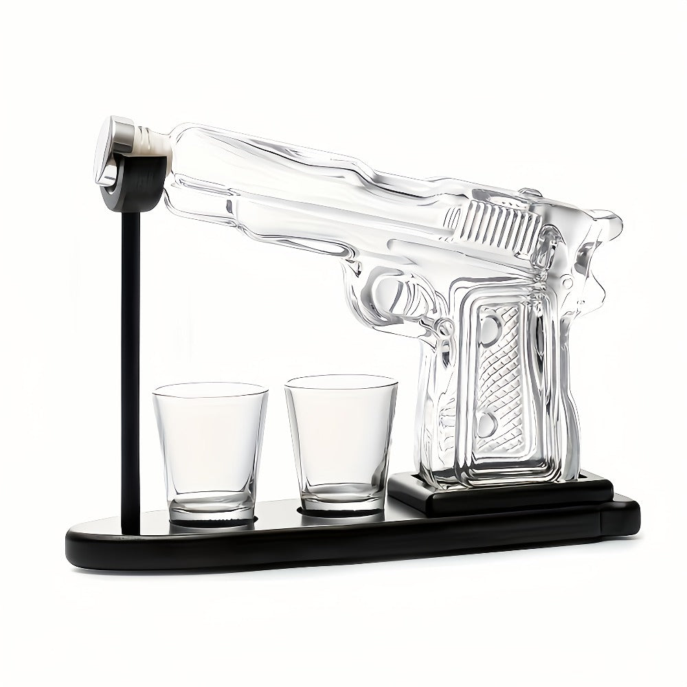 Whiskey Gun Decanter Set 10oz with 2 Bullet Shot Glasses & Wooden Stand, Handgun Shaped Liquor Decanter for Home Bar, Unique Novelty Gift for Men, Dad, Birthday & Valentine's Day