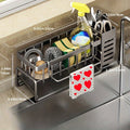 Kitchen Sink Organizer Sponge Holder with Self-Draining Tray Removable Rag Rod Carbon Steel Countertop Storage Rack for Sponges Brushes Soap Bathroom