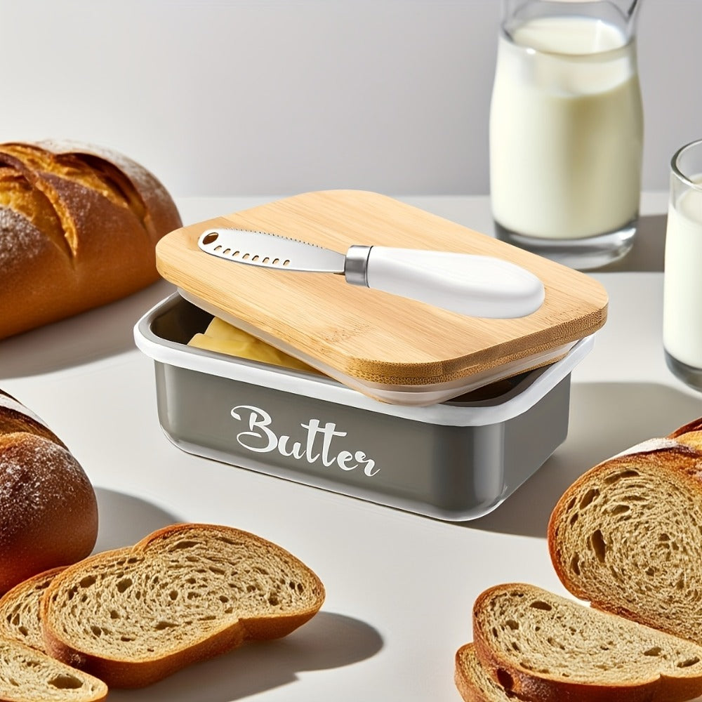 Butter Dish with Bamboo Lid & Knife, Iron Airtight Butter Keeper & Cheese Storage Box ¡ª Large Capacity Kitchen Counter Butter Container | Holiday Gift | Black, Gray, Green